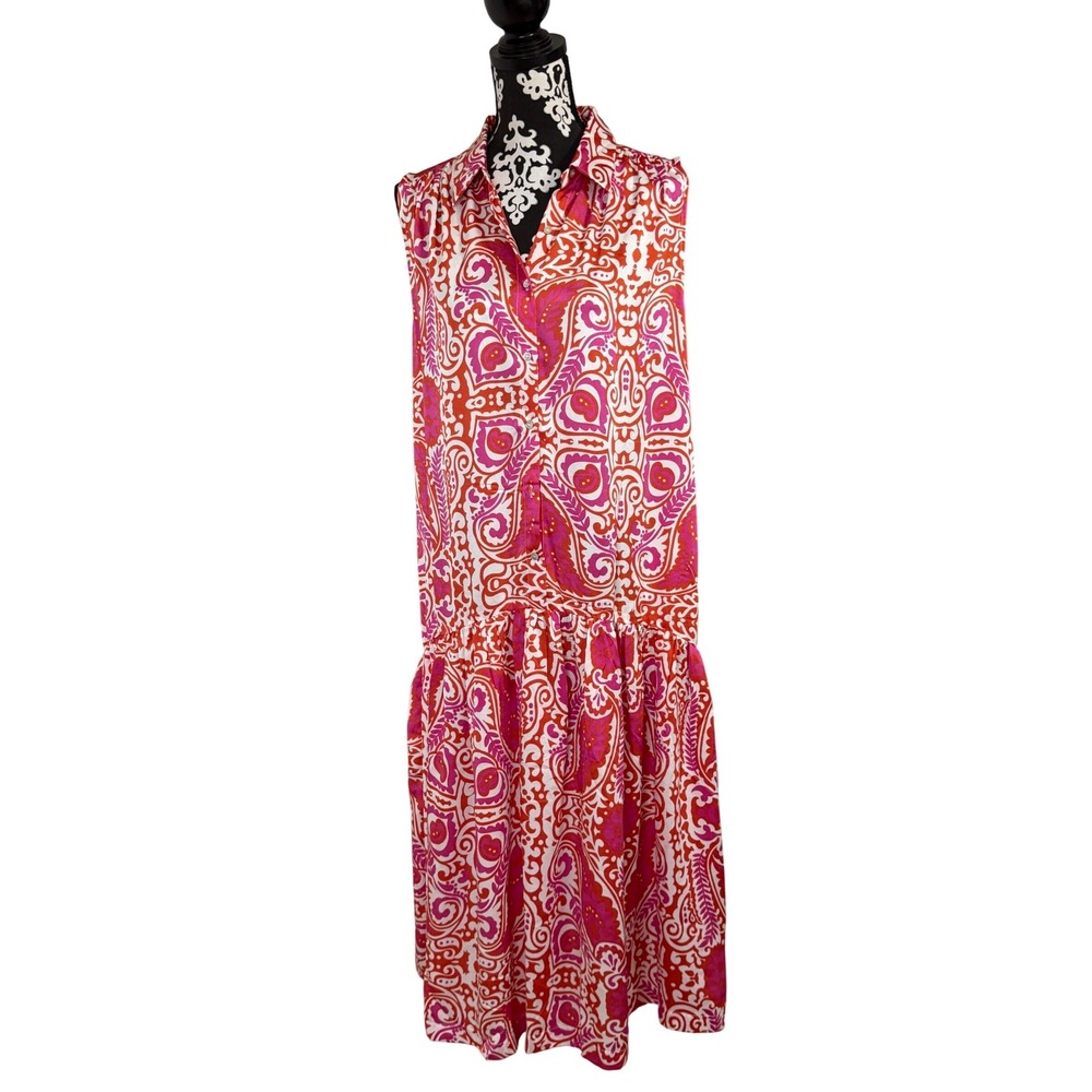 Melloday Pink Orange Paisley Sleeveless Drop Waist Tiered Midi Dress Large